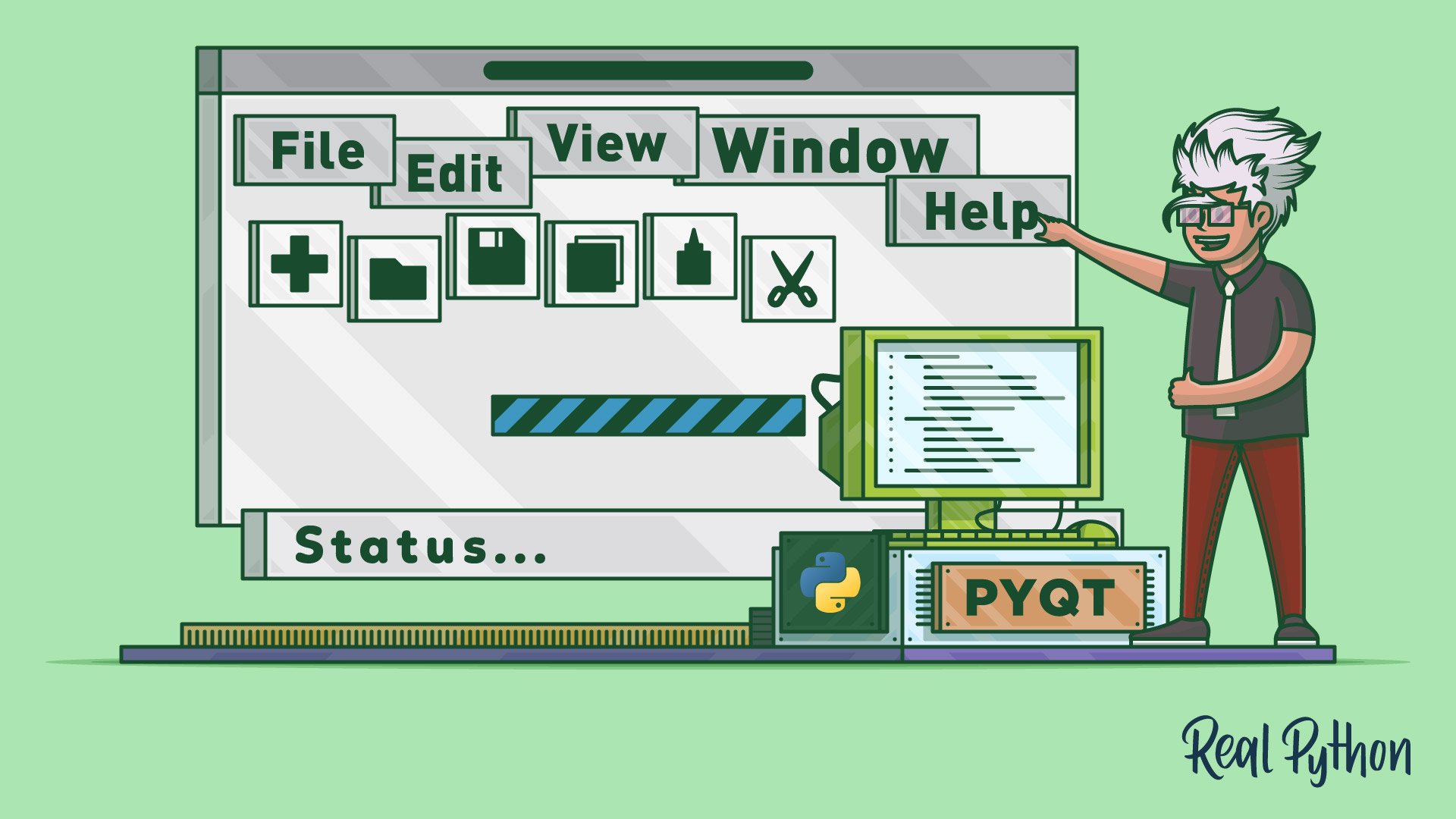 A person pointing at a whiteboard that assembles different interfaces of PyQT