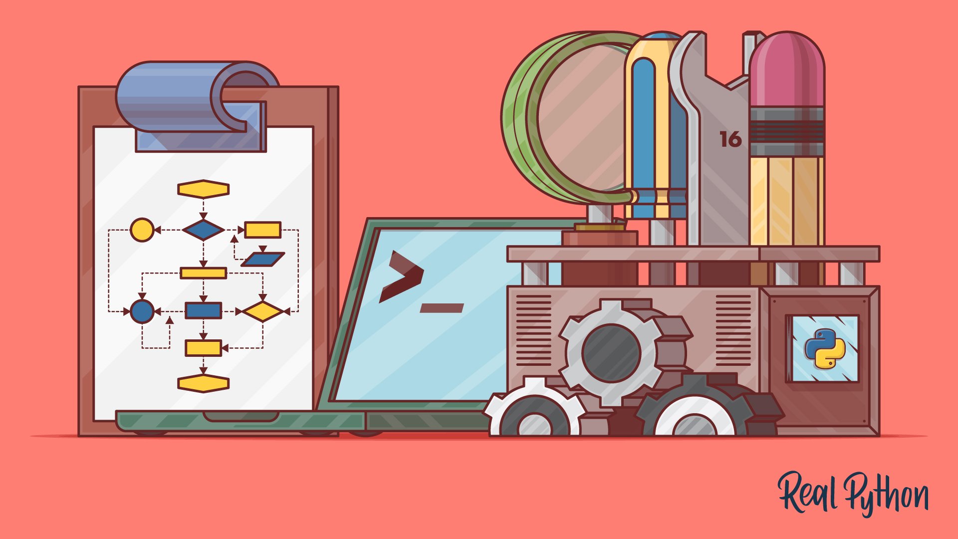 A large notepad with a flowchart on the side of some gears and different tools