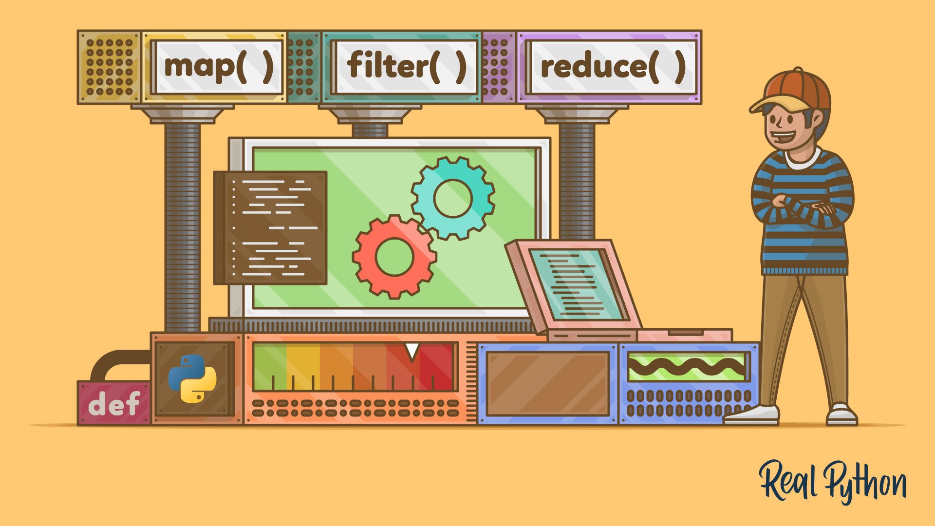 A smiling person with their hands crossed, looking at a machine that displays the names of the functions map, filter, and reduce