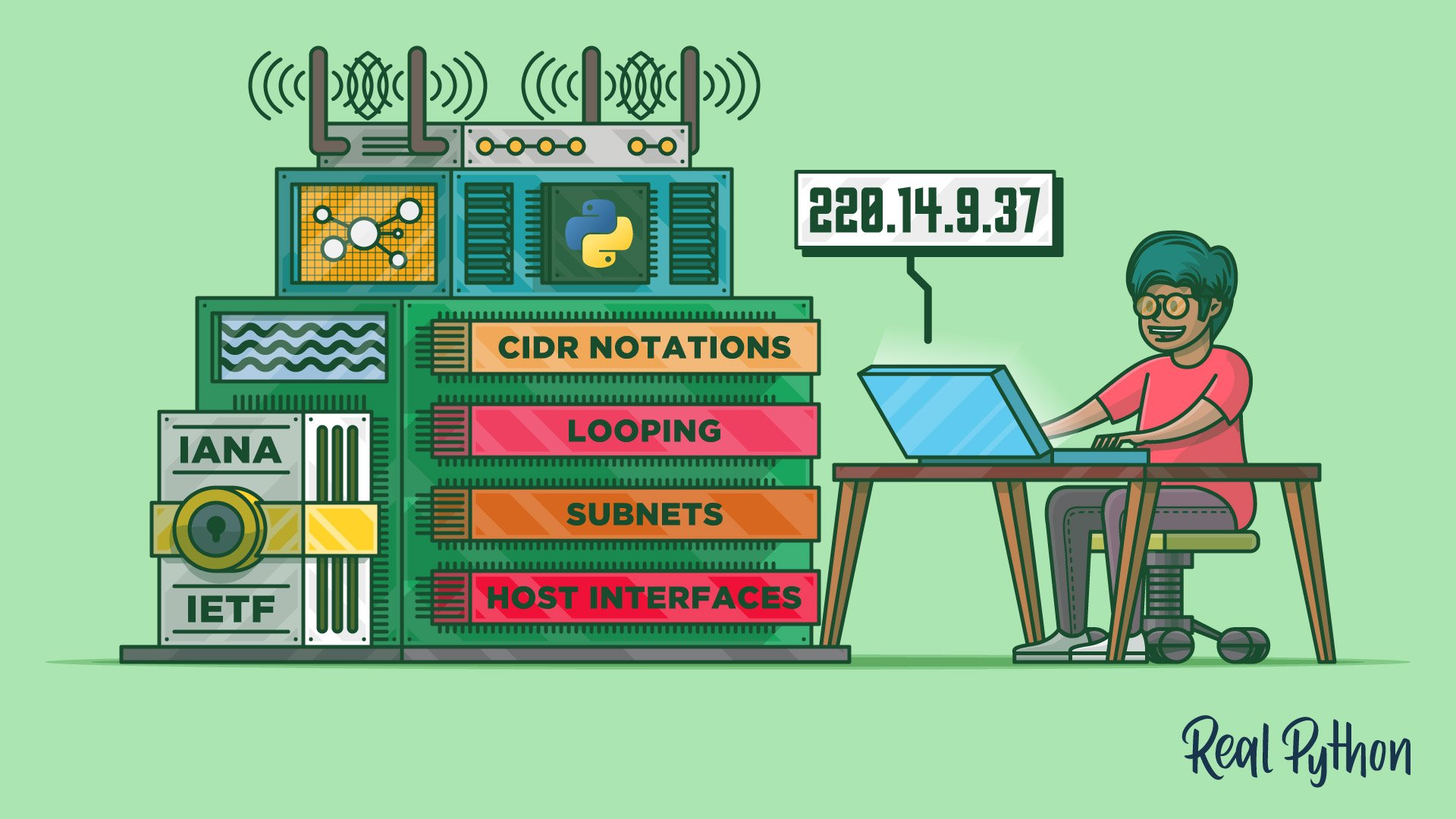 A person sitting at a computer next to a big machine with an IP address hovering over the computer